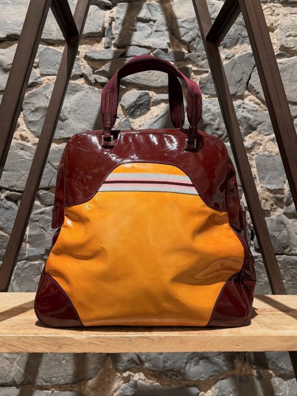 Prada Vintage 2000 Burgundy Orange Patent Bowling Bag